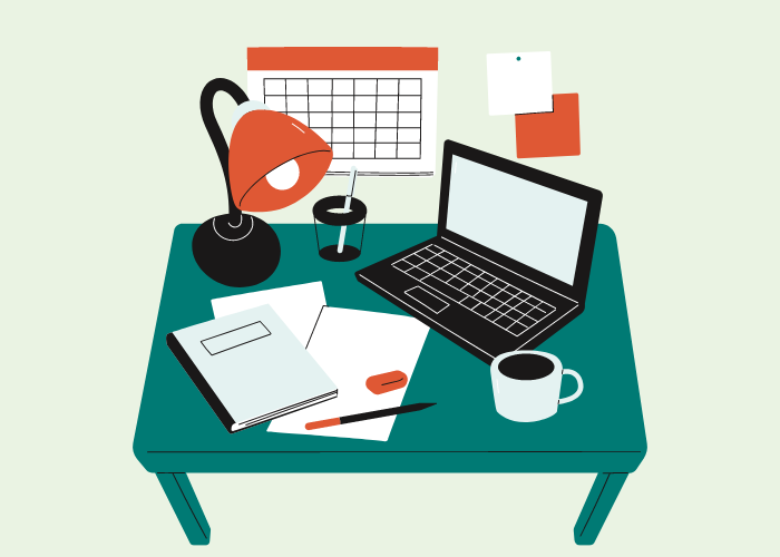 A graphic shows a desk covered with a laptop, a coffee mug, a notebook with some loose papers, and a desk lamp. Behind the desk hang a calendar and some sticky notes.