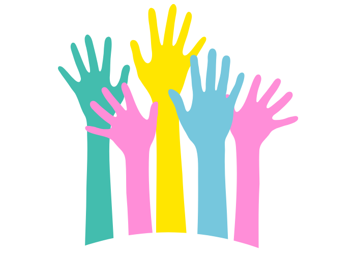 A graphic shows pink, yellow, blue, and green hands reaching up into the hair.