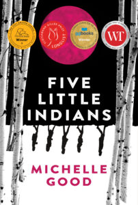 The cover of the Five Little Indians book features a dark pink moon in between trees. The shadows of five people walking are cast on a white background beneath the moon.