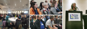 A collage of four photos show delegates at the 2024 Saskatchewan Libraries Conference in Regina, SK taking in a number of sessions and listening to keynote speaker Leah Dorion.