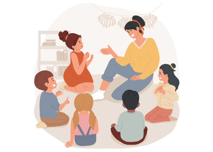 A stock animated image shows an adult telling a story to five children seated on a rug around them.